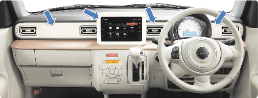 Interior color panels (indicated with arrows), made of a new grade of DURABIO™ used in Suzuki’s new Alto Lapin X grade. 