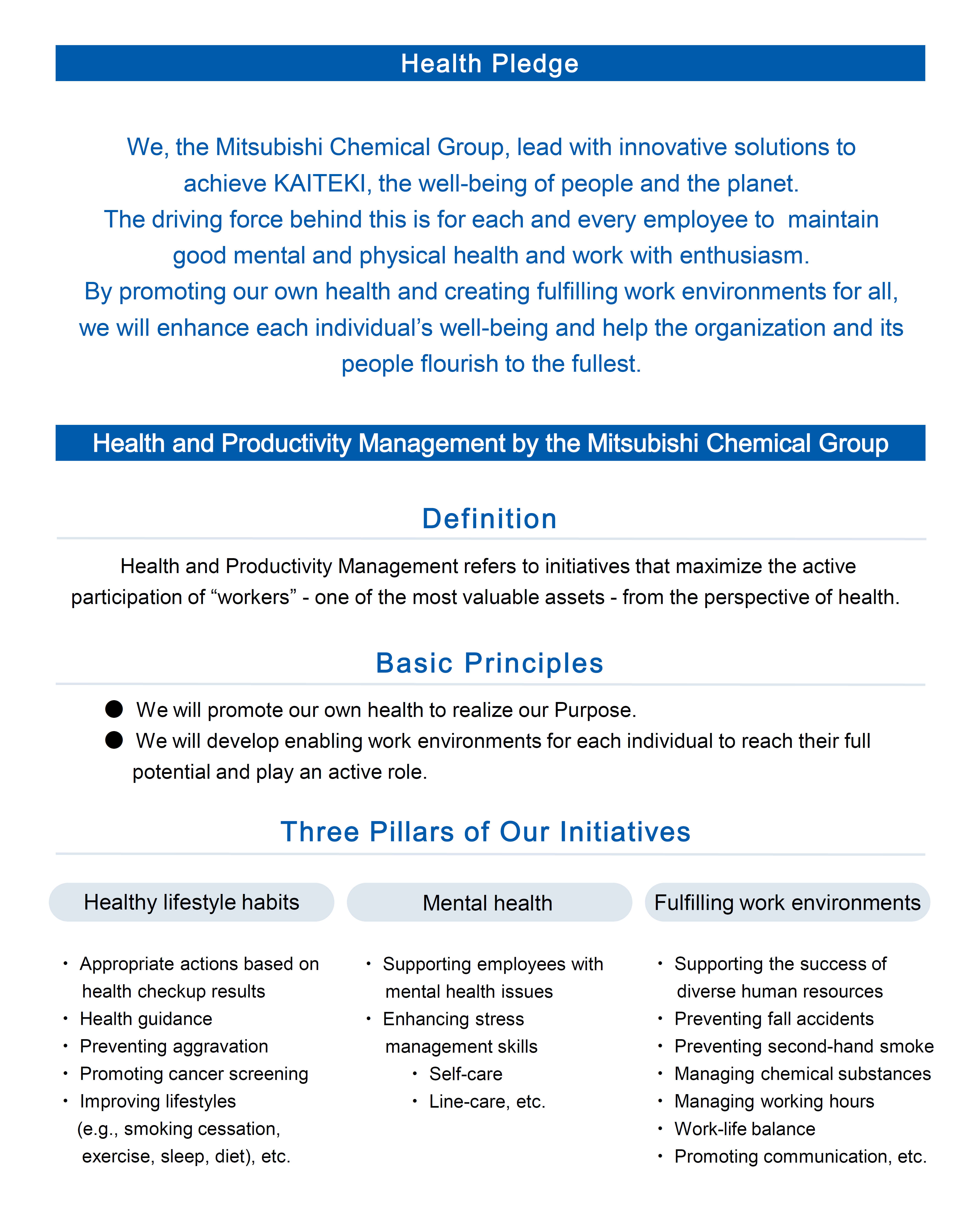Health Pledge, Health and Productivity Management by the Mitsubishi Chemical Group