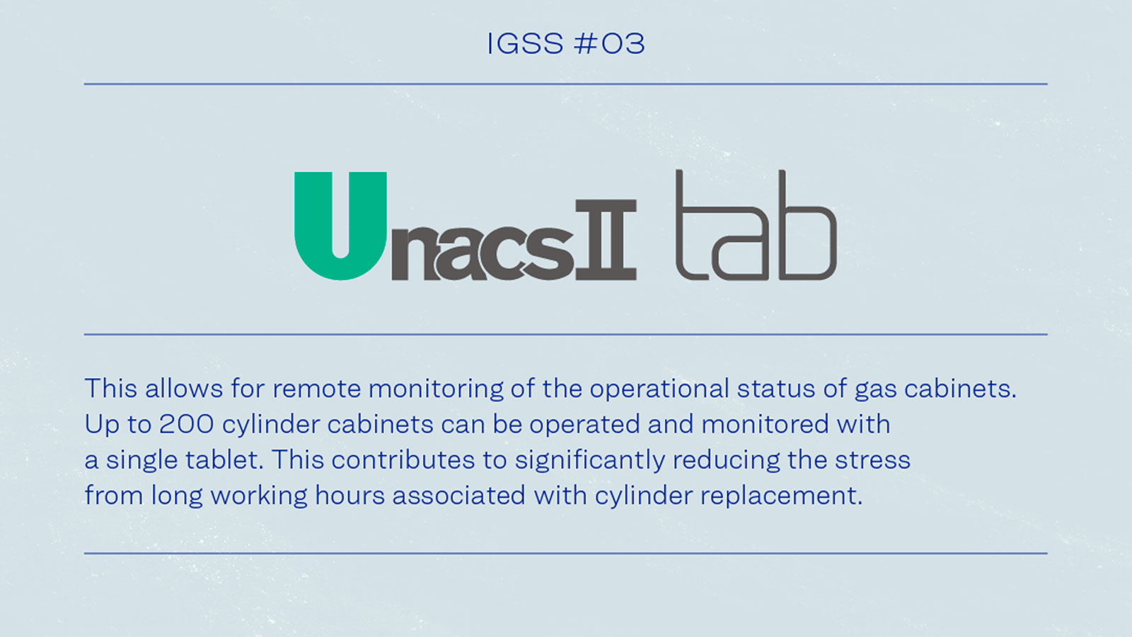 IGSS #03 UnacsⅡ tab This allows for remote monitoring of the operational status of gas cabinets. Up to 200 cylinders cabinets can be operated and monitored with a single tablet. This contributes to significantly reducing stress from long working hours associated with cylinder replacement.